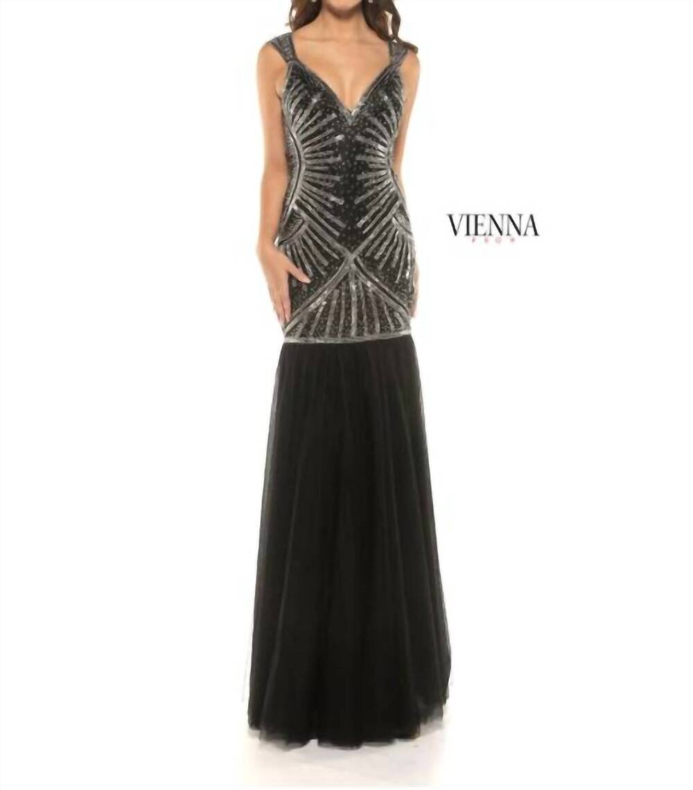 NEW XOXO sleeveless long gown in gunmetal